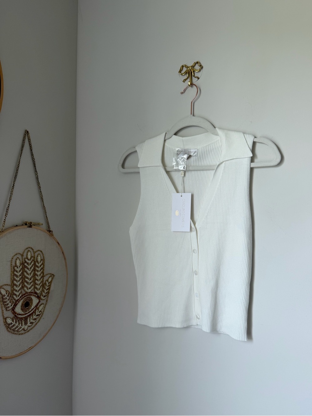 Cream Ribbed Button Front polo Sleeveless Tank top